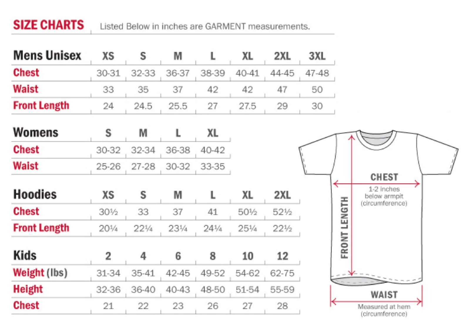Sizing Chart G.F.Y. Shirts